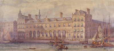 前景に人影とボートがあるビリングスゲート マーケットの眺め、ロンドン、1877 年 作： CF Kell