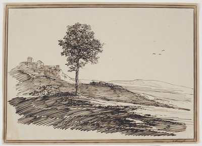 背景の家で、木のある山の風景 作： C.F. von Rumohr