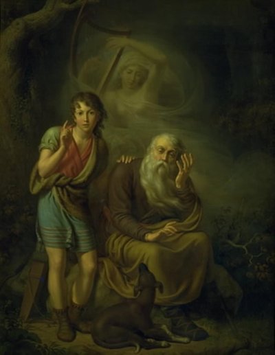 Ossian と Alpin の息子がハープに触れる Malvina の精神を聞いています。 オシアンの白鳥の歌のイラスト 作： C.G. Kratzenstein Stub