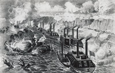 デービッド・ディクソン・ポーター提督の艦隊は、ヴィックスバーグでミシシッピの反乱軍の封鎖を実行している（4月16日 作： J.B. and Brown J. Rowbotham