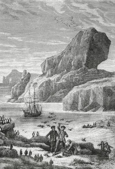 フランスの探検家イヴ＝ジョゼフ・ド・ケルゲレン＝トレマレック（1734～1797）によるオーストラルフランス（ケルゲレン諸島）の発見、1772年2月、彫刻、インド洋、フランス南・南極地域の領土 作： J.B. and Brown J. Rowbotham