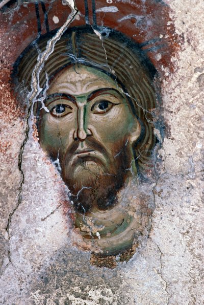 キリストの顔」（ギリシャ、クレタ島、モーン、アギオス・ゲオルギオス教会のフレスコ画より）（写真 作： J.B. and Brown J. Rowbotham