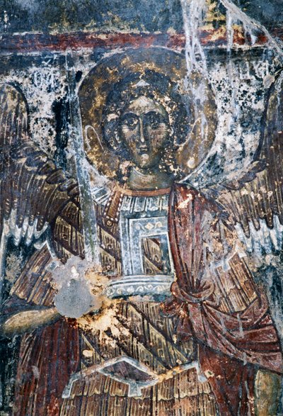 ギリシャ、クレタ島、ヴァヴオレドのアギオス・ヴァシレイオス教会の天井に描かれた損傷したフレスコ画「馬」（写真 作： J.B. and Brown J. Rowbotham