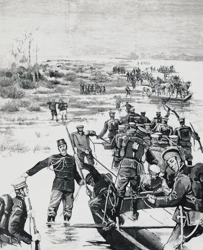 鴨緑江を渡る山縣有朋指揮の日本軍 作： J.B. and Brown J. Rowbotham