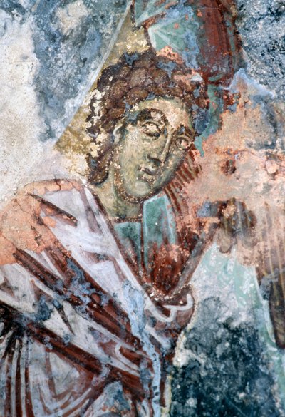 ギリシャ、クレタ島、ヴァヴオレド、アギオス・ヴァシレイオス教会の天井に描かれた破損したフレスコ画の男性像（写真）。 作： J.B. and Brown J. Rowbotham