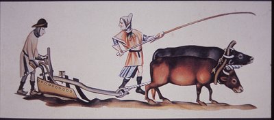 中世の男性が牛と一緒に耕している様子（『ラトレル詩篇』の一場面より）（カラーリトグラフ 作： J.B. and Brown J. Rowbotham