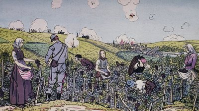 戦火の中で収穫したワイン生産者たち、1914年のシャンパーニュ地方の収穫、第一次世界大戦、フランス、20世紀 作： J.B. and Brown J. Rowbotham