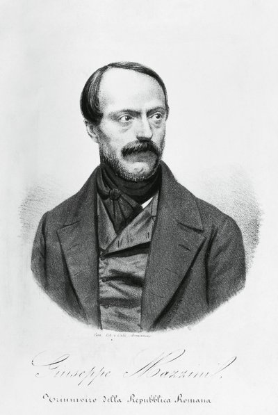 イタリアの愛国者、政治家、哲学者、ジャーナリスト、ジュゼッペ・マッツィーニ（1805-1872）の肖像、エングレービング 作： J.B. and Brown J. Rowbotham
