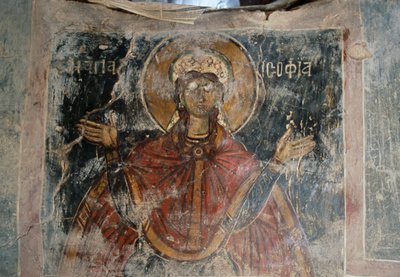 ギリシャ、クレタ島コミタデス、アギオス・ゲオルギオス教会のフレスコ画の壁に描かれた聖人（写真 作： J.B. and Brown J. Rowbotham