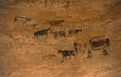 家畜のいる日常生活の風景、岩絵、タッシリ・ンアジェ（ユネスコ世界遺産登録 作： J.B. and Brown J. Rowbotham