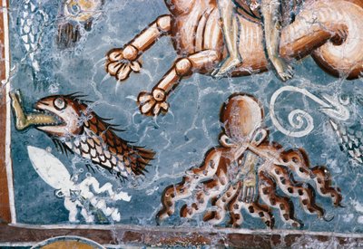 海の生き物（ギリシャ、クレタ島、モーン、アギオス・ゲオルギオス教会のフレスコ画より）（写真 作： J.B. and Brown J. Rowbotham