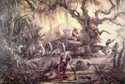 セミノール・インディアンが米海兵隊の補給車を待ち伏せしていた。 作： J.B. and Brown J. Rowbotham