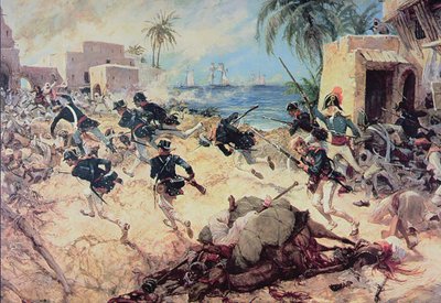 米海兵隊によるトリポリ・デルナのバーバリー海賊砦の攻略（1805年4月27日）（水彩・紙 作： C.H. Waterhouse