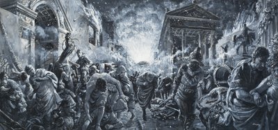 都市の破壊（紙にグワッシュ） 作： C.L. Doughty