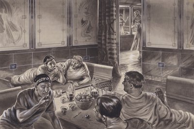 トリクリニウムで食事をするアングロ・ローマ人（紙にグワッシュ） 作： C.L. Doughty
