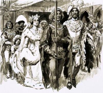 13歳で結婚し、イングランド女王となった美しいイザベラ（紙にグワッシュ） 作： C.L. Doughty