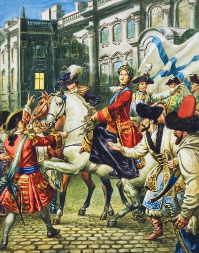 エカテリーナ大帝（1729-96）、夫のピョートル皇帝を幽閉し、ロシアの女帝となる（紙にグワッシュ） 作： C.L. Doughty