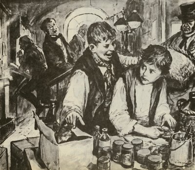 黒塗り工場で働く少年時代のチャールズ・ディケンズ（リトグラフ） 作： C.L. Doughty