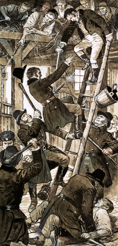 1820年2月23日、ボウ・ストリートの警官とケイト・ストリートの謀議者たちとの遭遇（紙にグワッシュ）。 作： C.L. Doughty
