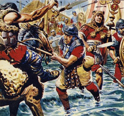 旗手の勇気に鼓舞され、他のローマ軍団も勇気を得た（カラーリトグラフ） 作： C.L. Doughty