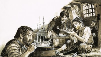 船の模型を作るナポレオン戦争のフランス人捕虜たち 作： CL ダウティ