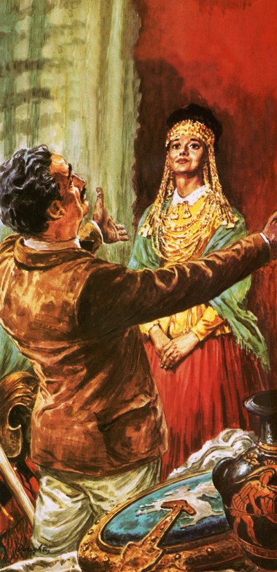 古代トロイの遺跡から発掘された装飾品で妻を飾るハインリッヒ・シュリーマン 作： C.L. Doughty
