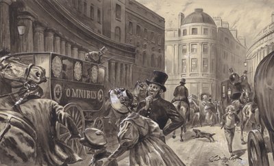 馬が運転するオムニバス、ロンドン（紙にグワッシュ） 作： C.L. Doughty
