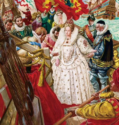 ウォルター・ローリー卿（1554-1618）に助けられ下船するエリザベス1世（1530-1603）（紙にグワッシュ） 作： C.L. Doughty
