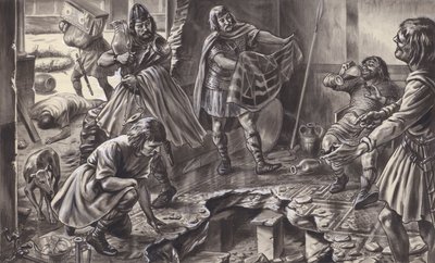 古いローマ時代の別荘を略奪するサクソン人（紙にグワッシュ） 作： C.L. Doughty