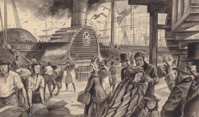 1840年に隔週でアメリカ航路を開始したキュナード社の蒸気船ブリタニア号（紙にグワッシュ） 作： C.L. Doughty