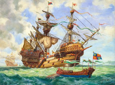 ヘンリー王艦隊の旗艦グレート・ハリー号、251門の大砲の数々（紙にガッシュ画） 作： CL ダウティ