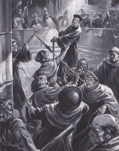 群衆が彼を救出しようとしたジョン・ウィクリフの裁判（紙にグワッシュ） 作： C.L. Doughty