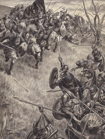 正体不明の戦闘シーン（紙にグワッシュ） 作： C.L. Doughty
