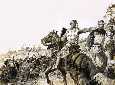 国王を指差す兵士と正体不明の戦闘シーン 作： C.L. Doughty