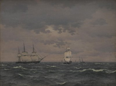 さわやかな風と他のいくつかの船で帆を揚げるコルベット 作： Christoffer Wilhelm Eckersberg