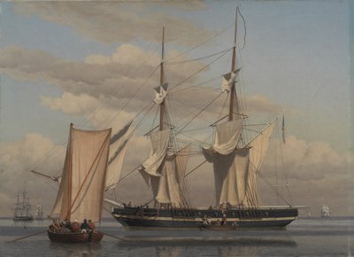 帆が乾いている間、アンカーに横たわっているアメリカ海軍ブリッグ 作： Christoffer Wilhelm Eckersberg