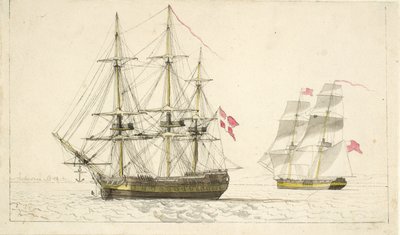 停泊中のデンマークのフリゲート艦と帆走中のイギリスのブリッグ艦 作： Christoffer Wilhelm Eckersberg