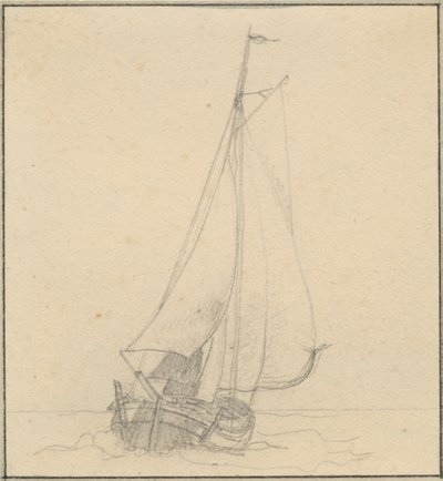 正面から見た帆の下のヨット。 作： Christoffer Wilhelm Eckersberg