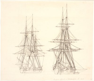 停泊中のコルベットとブリッグ。 作： Christoffer Wilhelm Eckersberg