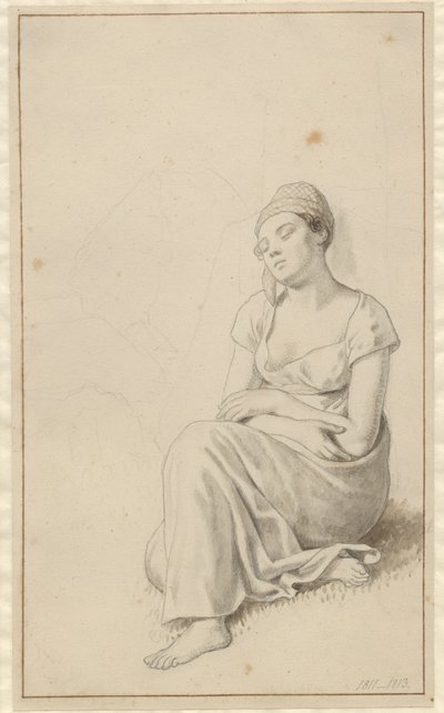 石のブロックにもたれて寝ている女性。 作： Christoffer Wilhelm Eckersberg