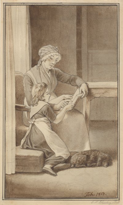母親が少女に読み方を教えている 作： Christoffer Wilhelm Eckersberg