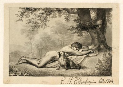 木のふもとで眠っている裸の若い男、彼のそばには犬 作： Christoffer Wilhelm Eckersberg