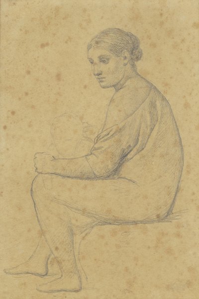 子供が膝の上に寄りかかっている座っている女性。 作： Christoffer Wilhelm Eckersberg