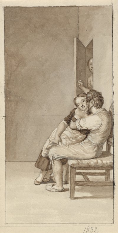 半開きのドアの中でカップルが女性に見守られている 作： Christoffer Wilhelm Eckersberg