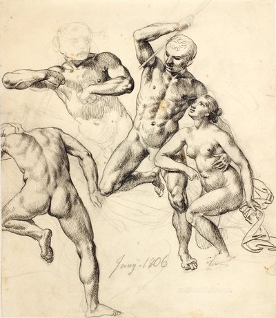 人物研究 - 3 人の男性と 1 人の女性 作： Christoffer Wilhelm Eckersberg