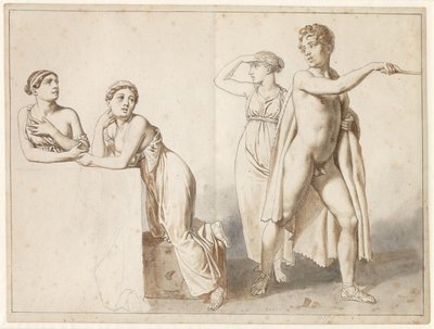 アンティークの衣装を着た 4 人のスタディ フィギュア、3 人の女性と 1 人の男性。 作： Christoffer Wilhelm Eckersberg