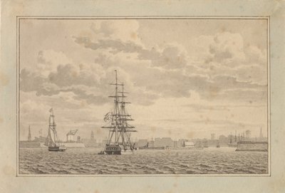 Yderhavnen から見たコペンハーゲン。停泊中のブリッグとセーリング スループ。 作： Christoffer Wilhelm Eckersberg