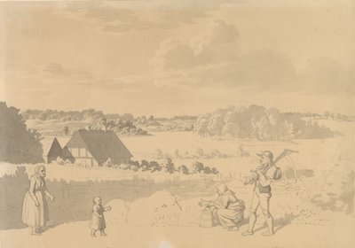 森と野原に囲まれた湖のある風景、前景に農民が小さな子供と遊んでいる 作： Christoffer Wilhelm Eckersberg