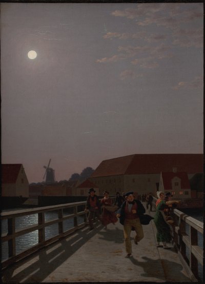 コペンハーゲンのランゲブロー、月明かりの下で走る人物 作： Christoffer Wilhelm Eckersberg
