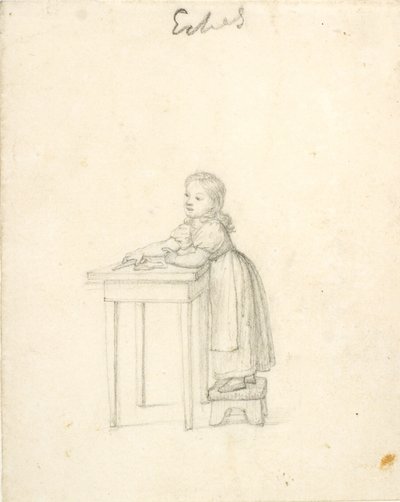 テーブルのスツールに立っている少女 作： Christoffer Wilhelm Eckersberg